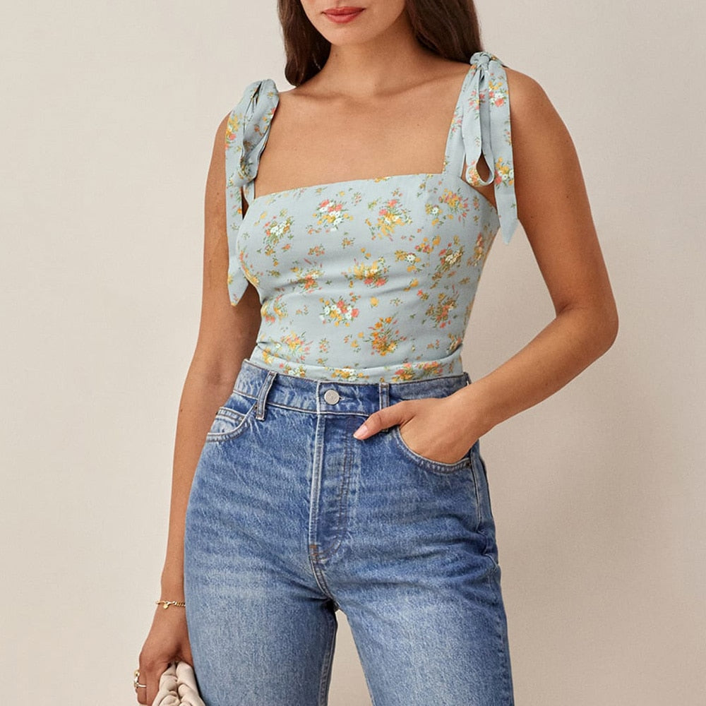 Printed Square Neck Long Strap Crop Top