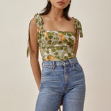 Printed Square Neck Long Strap Crop Top