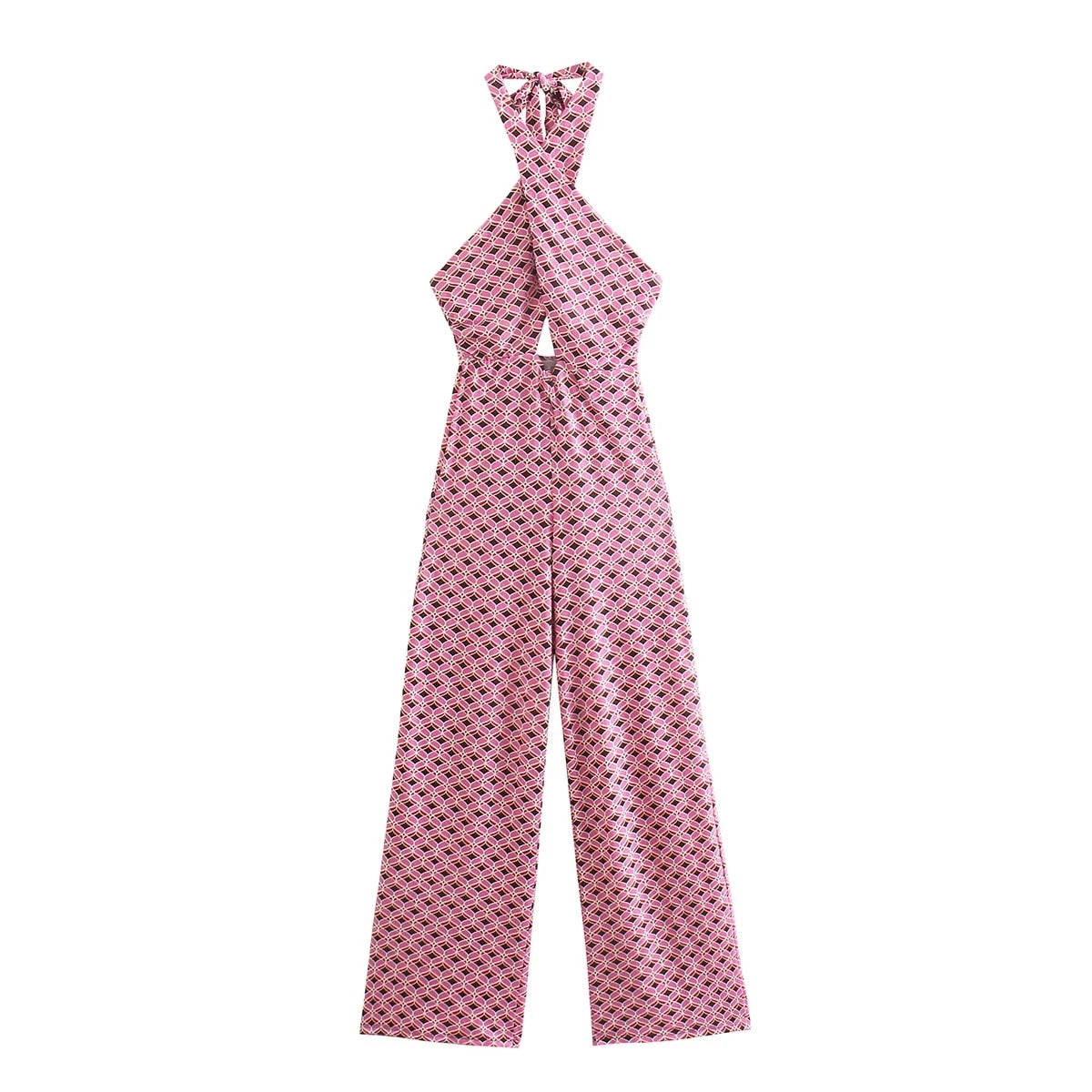 Printed Backless Cross Halter Pink Jumpsuit