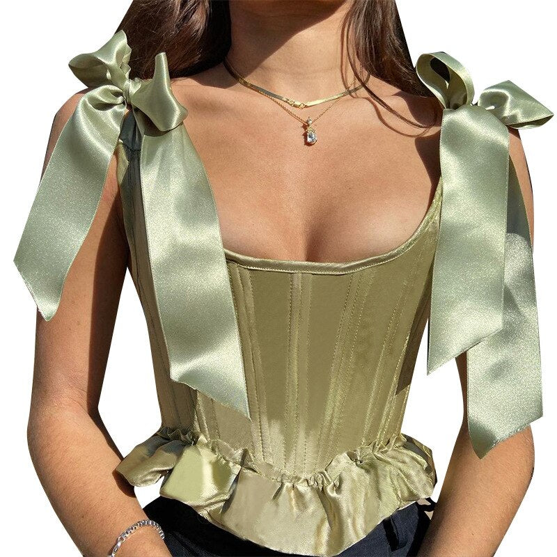 Square Collar Lace Ribbons Corset Top
