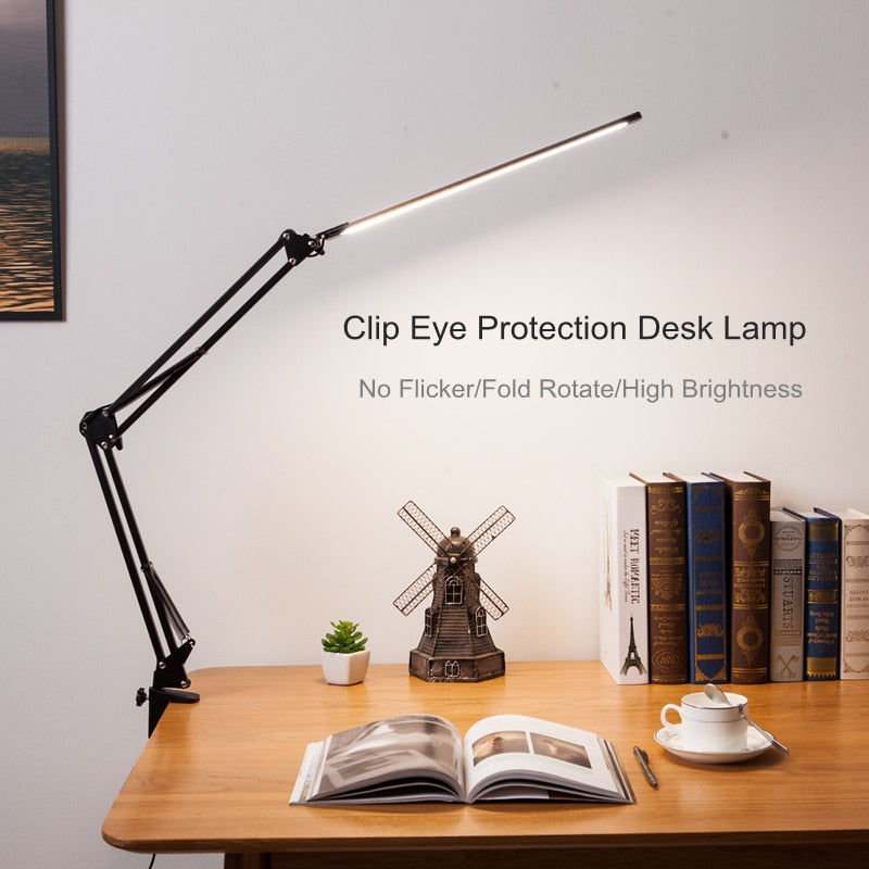 Modern LED Folding Desk Lamp with Long Arm and Clip-on Design