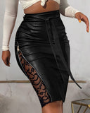 PU Leather Front Slit Mesh Midi Skirt