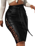 PU Leather Front Slit Mesh Midi Skirt