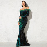 Sequin Feather Velvet Stretchy Slash Neck Floor Length Mermaid Dress