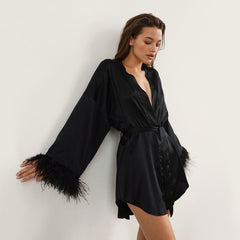 Feather Robes Satin Long Sleeve Loose Women Mini Dress