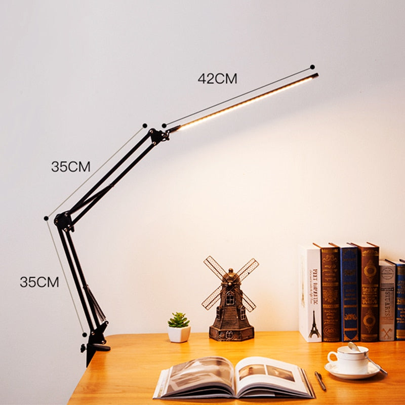 Modern LED Folding Desk Lamp with Long Arm and Clip-on Design