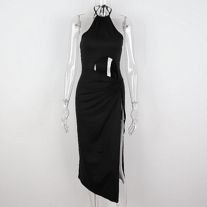 Halter Backless Slit Black Maxi Dress