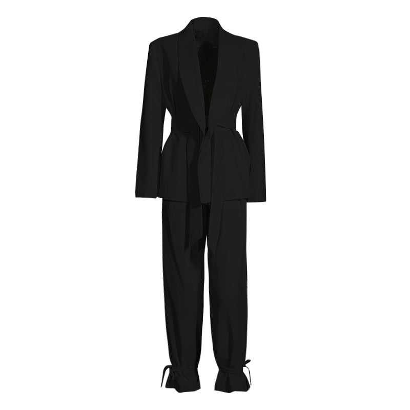 Lapel Collar Long Sleeve Blazer & High Waist Pant Adjustable Legs