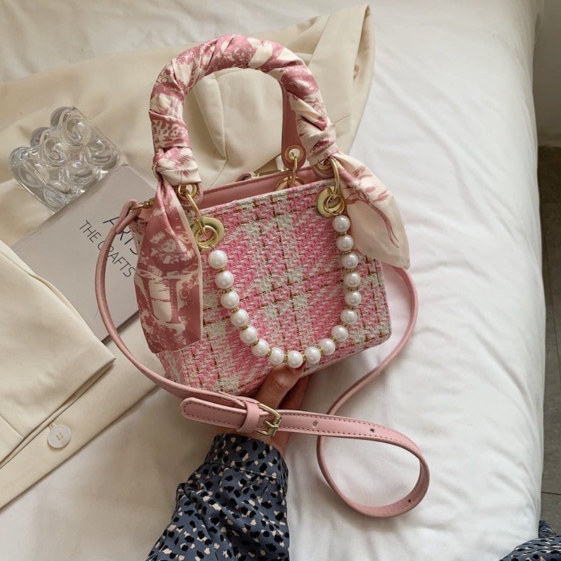 Plaid Ribbon Pearl Square Handbag