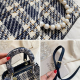 Plaid Ribbon Pearl Square Handbag