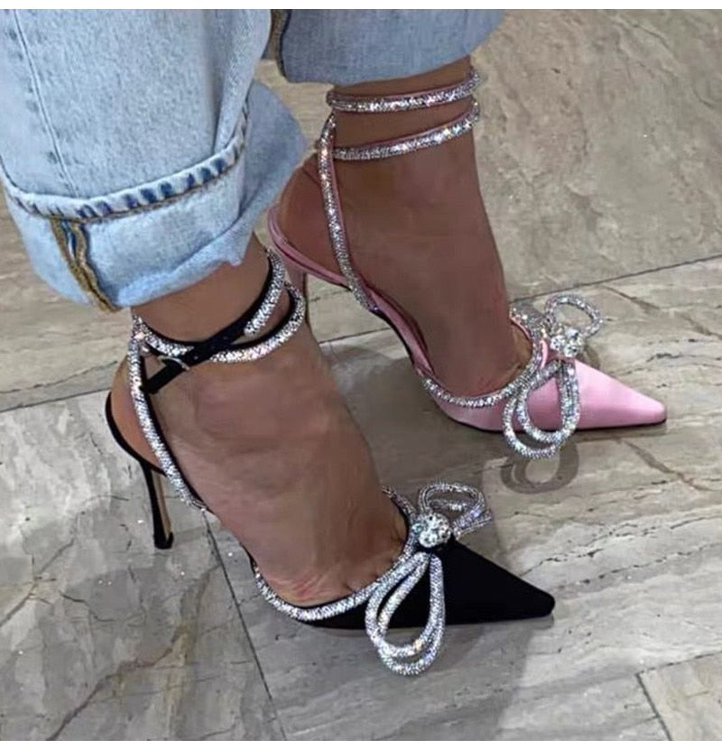 Crystal Bowknot Strappy Pointy Heels