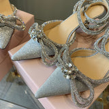 Sequined  Pointy Crystal Bowknot Strappy Heels