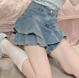 Denim Skirts Vintage Cute Ruffles Mini Cake A-Line Skirt For Girls