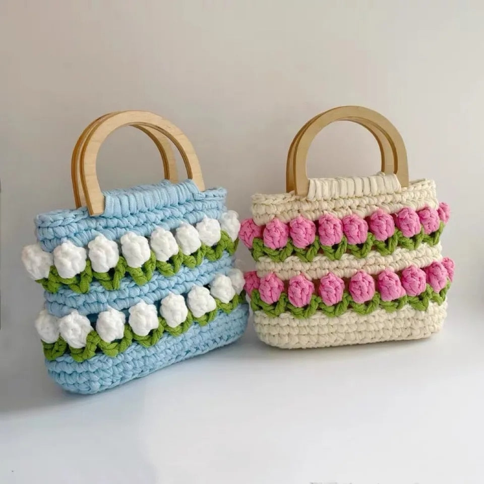 Knitted Woven Daisy Wood Handle Handbag