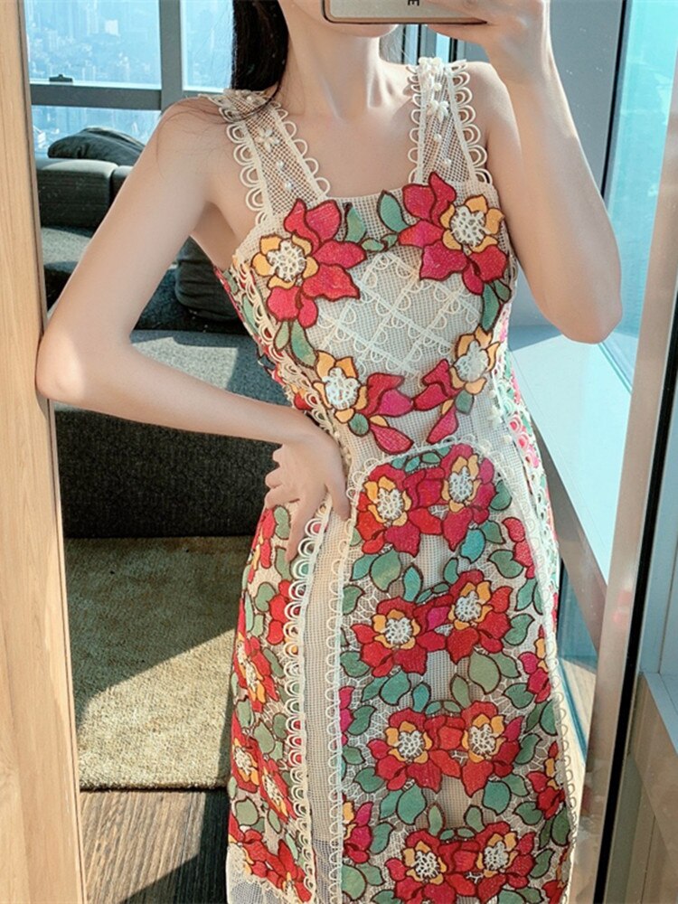 Lace Embroidery Sleeveless Printed Midi Dress