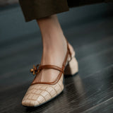 Leather Square Toe Buckle Strap Pump Shoes