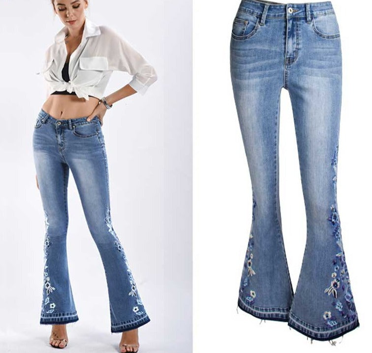 Embroidery Stretching Flare Bell-Bottoms Jeans