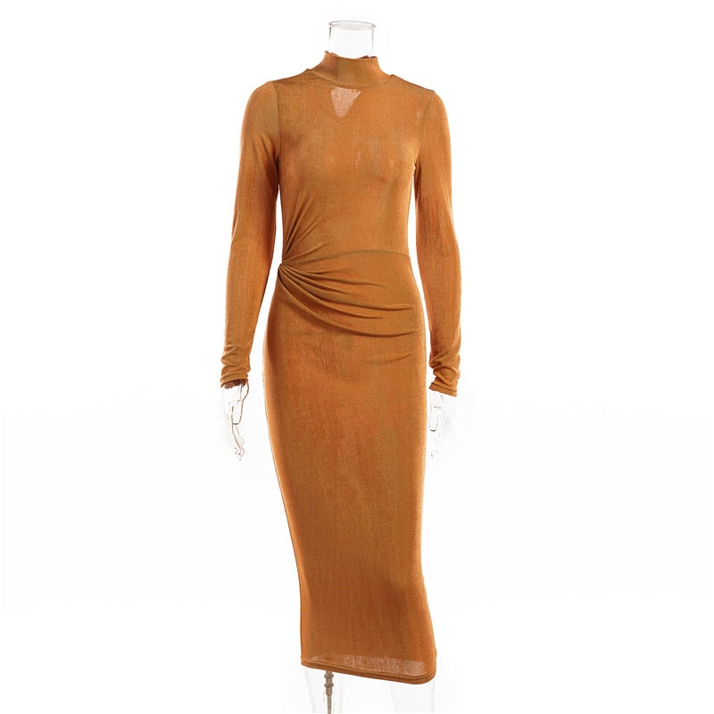 Ruched Waist Wrap Long Sleeve Bodycon Midi Dress