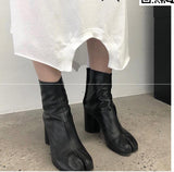 Split-toe Leather Block Heel Boot