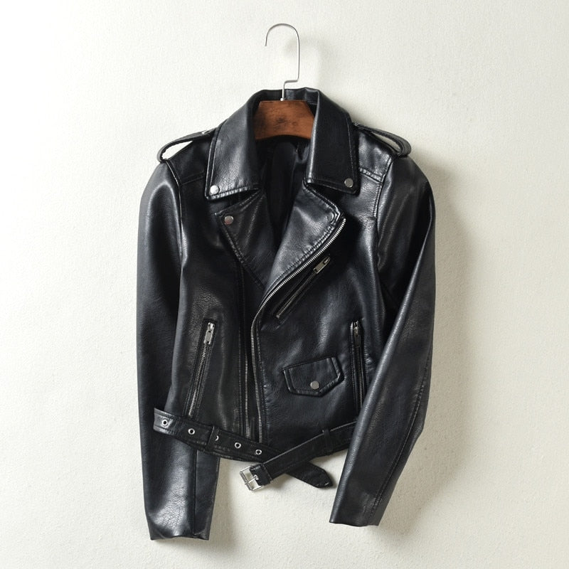 PU Leather Short Washed Zipper Jacket