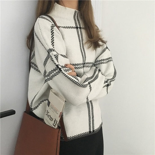 Plaid Turtleneck Knit Full Sleeve Pullover