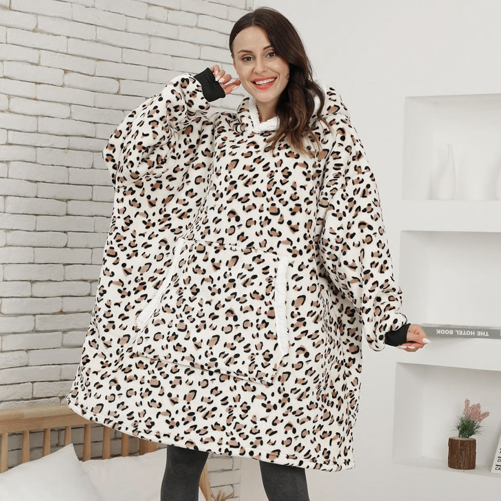 Leopard Fleece Hoodie Oversize Pullover