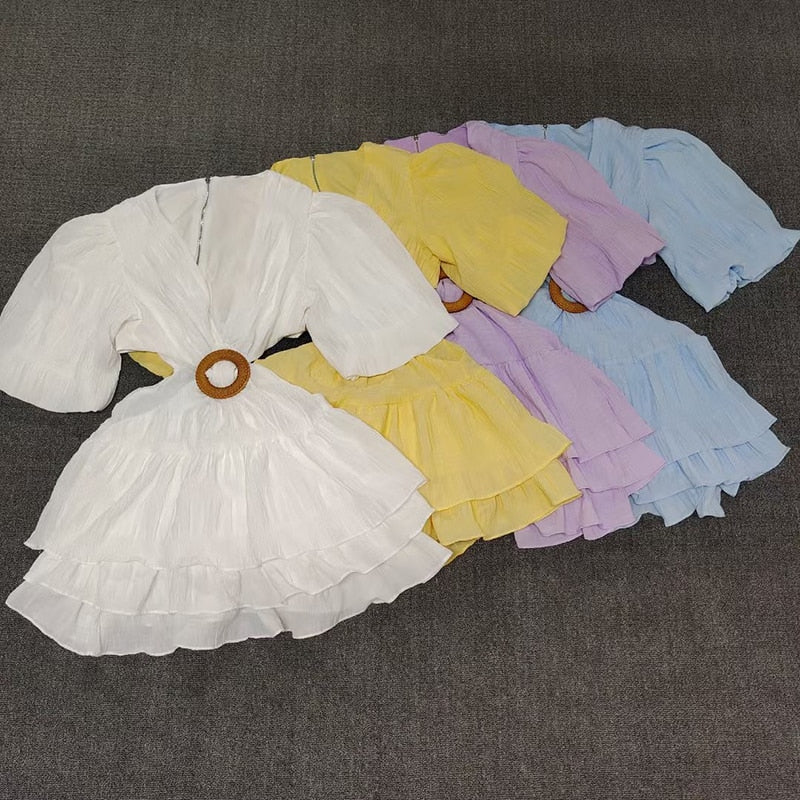 Lantern Sleeve Cut-Out Pleated Mini Dress