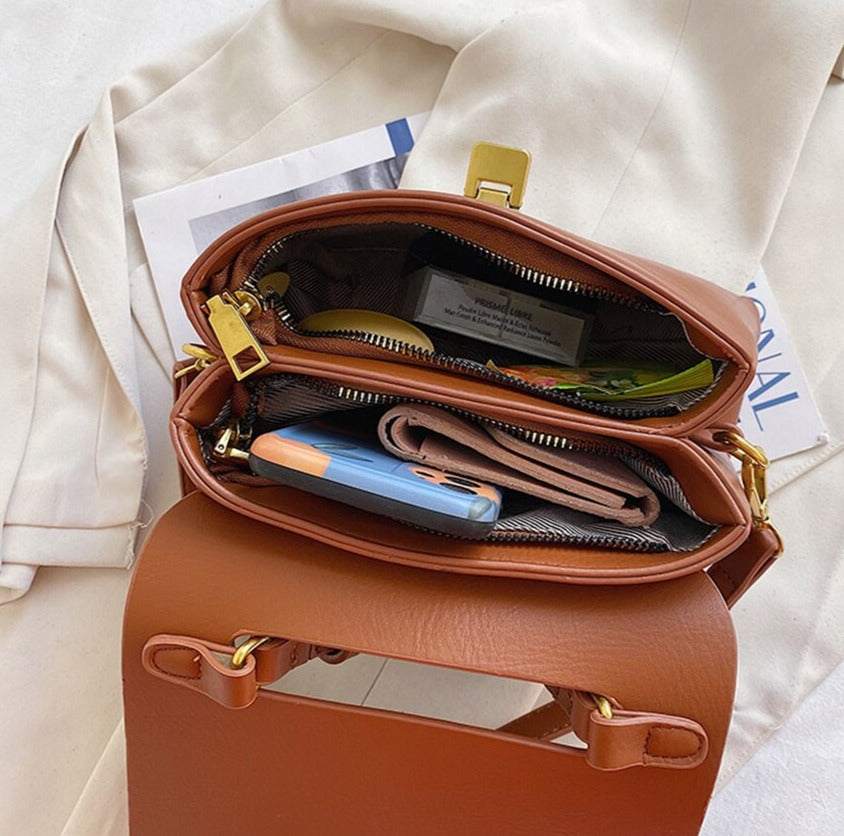 PU Leather Metal Lock Flap Handbag