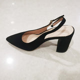 Suede Square Heel Buckle Pointed Toe Pump Shoes