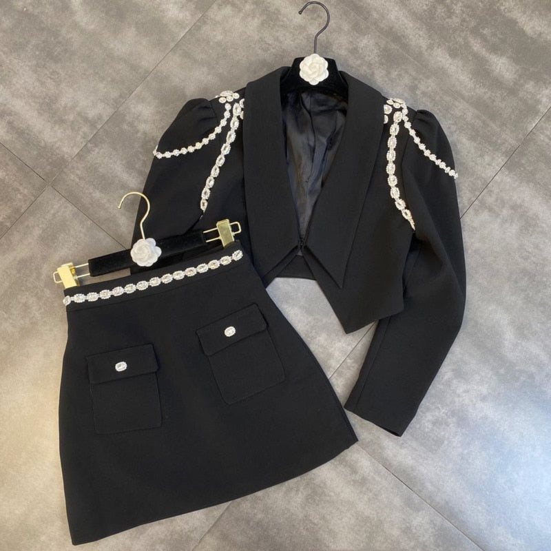Long Sleeve Diamonds Chain Padded Shoulder Blazer & Mini Skirt Set