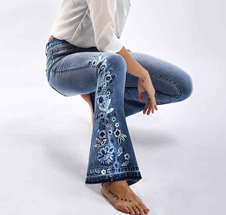Embroidery Stretching Flare Bell-Bottoms Jeans