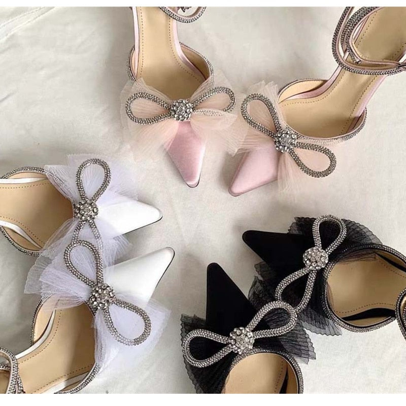 Crystal Bowknot Strappy Pointy Heels
