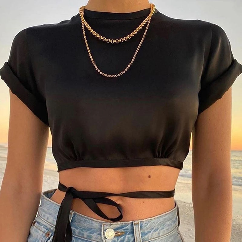 Hollow Out Satin Backless O-Neck Crop Top
