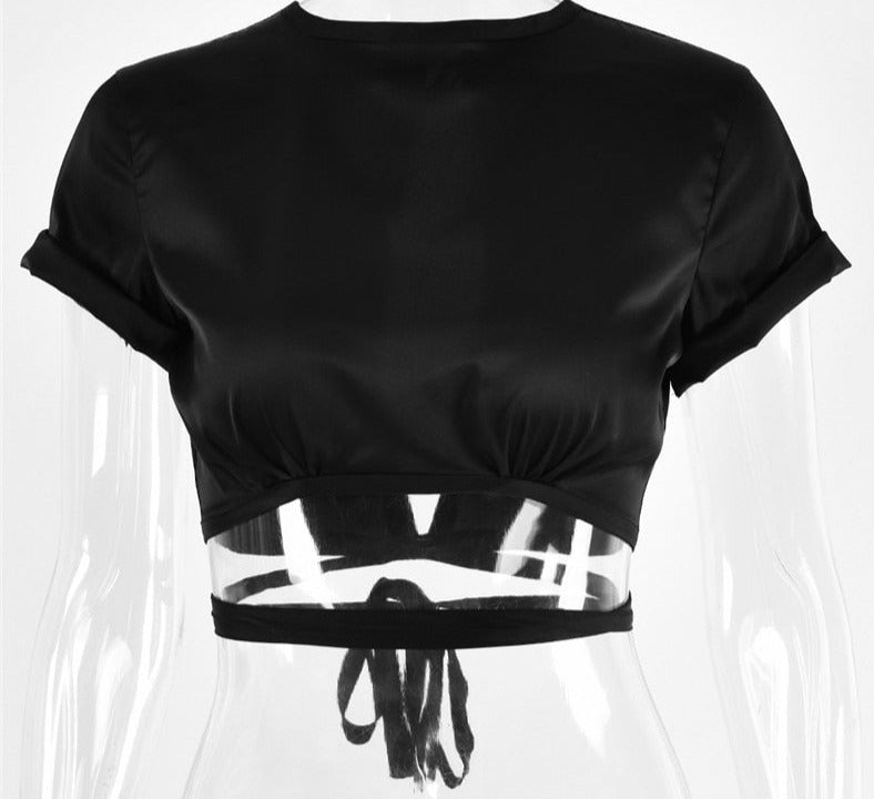 Hollow Out Satin Backless O-Neck Crop Top