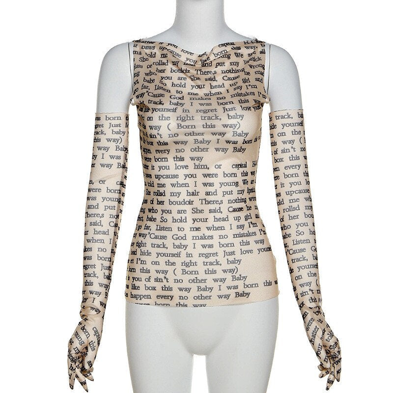 Mesh Letter Printed Tank Top With Gloves