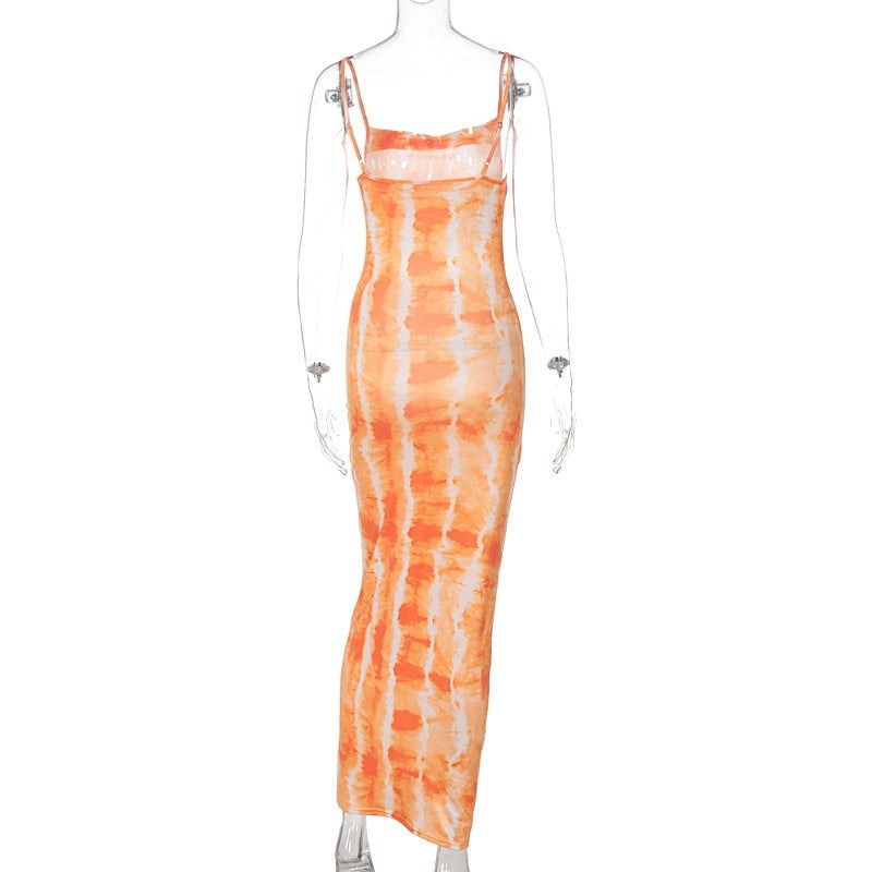 Tie-Dye Printed Orange Bodycon Dress