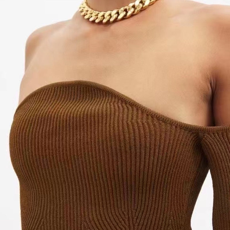 Knitted Off Shoulder Solid Tube Sweater