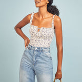 Square Neck Frill Strap Printed Crop Top