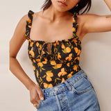Square Neck Frill Strap Printed Crop Top