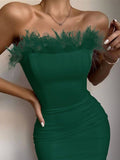 Strapless Backless Feather Midi Dress