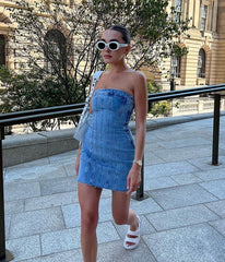 Denim Open Back Bodycon Tube Mini Dress