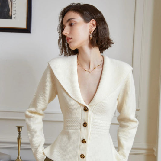 French Style Large Lapel Waistband Knit Sweater