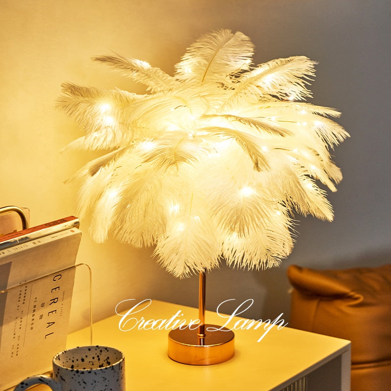 DIY Creative Feather Table Lamp with Warm White Light