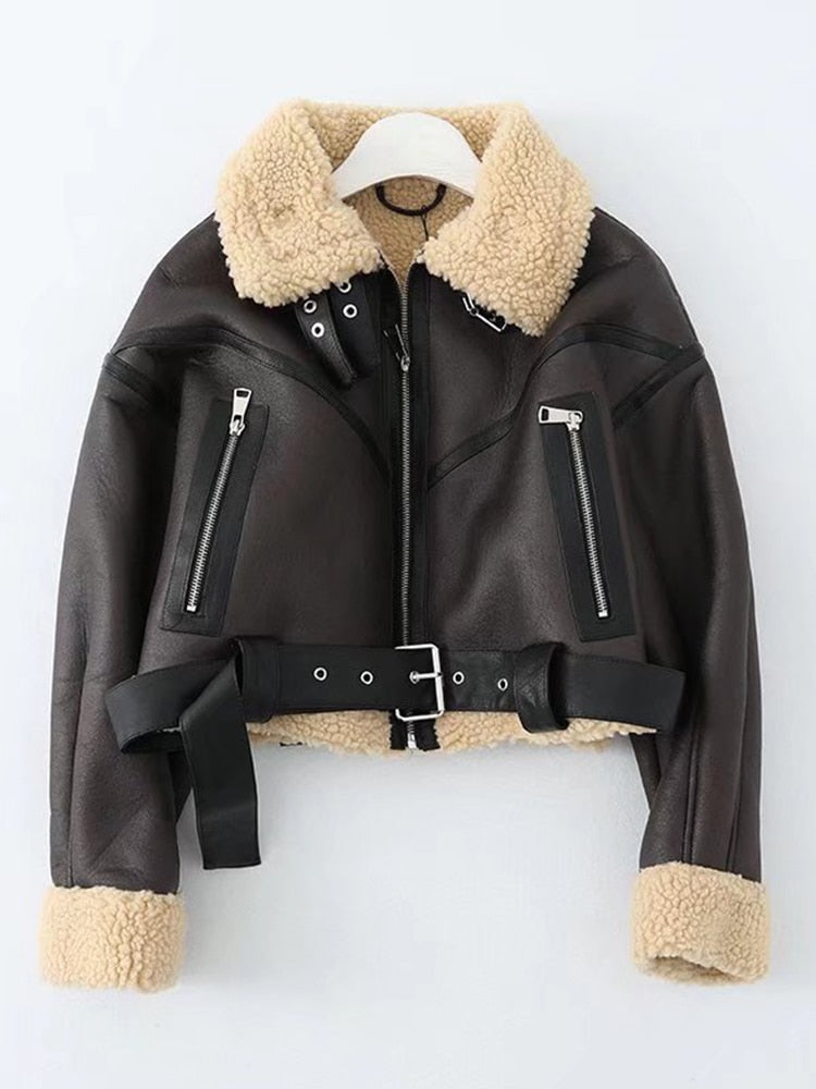Faux Lamb Leather Fur Thick Short Jacket  With Belt