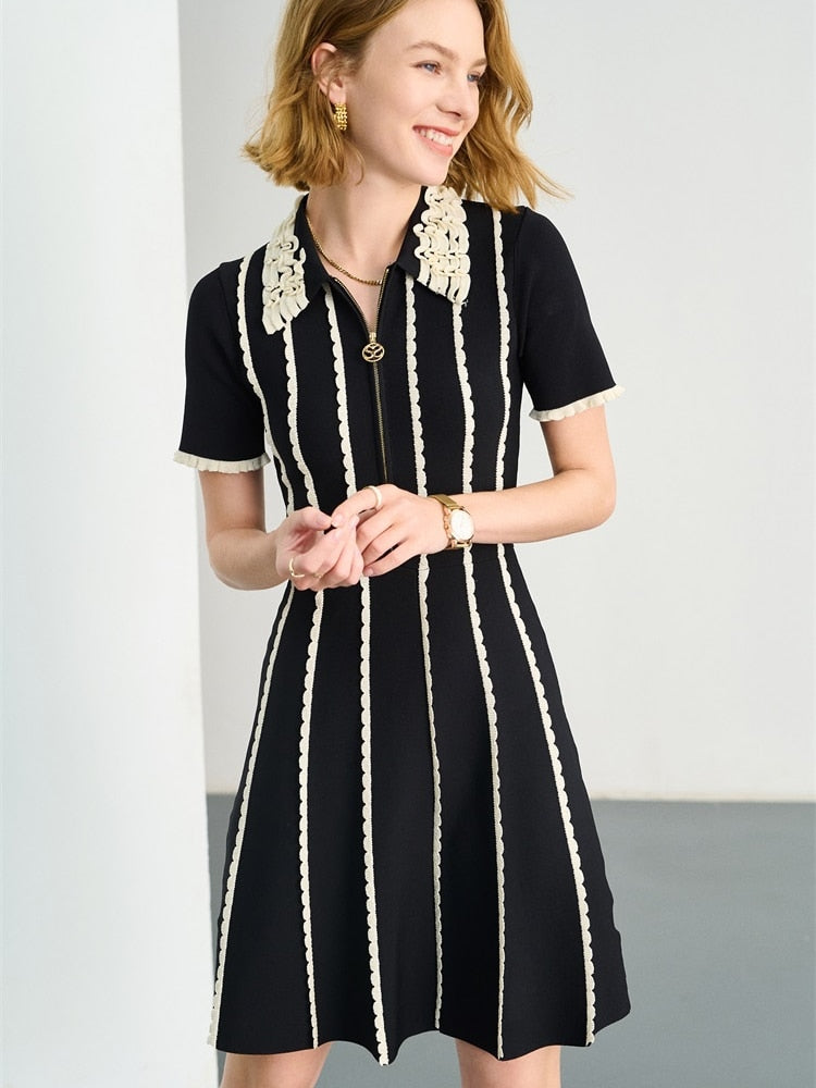 Patchwork Lapel-collar Knitted Mini Dress