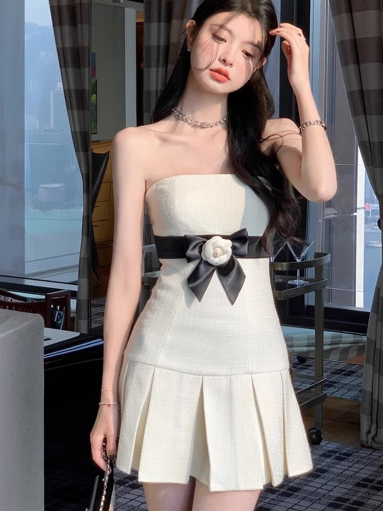 White Pleated Black Bow Tube Mini Dress