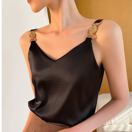 V-neck Solid Backless Silk Spaghetti Camisole Top