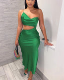 Hollow Out Stain Green Long Dress