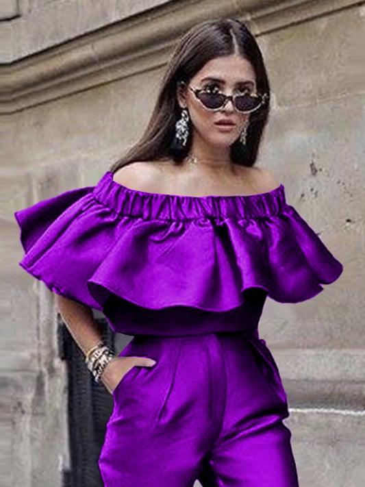 Women Open Shoulder Solid Purple Color Ruffles Top