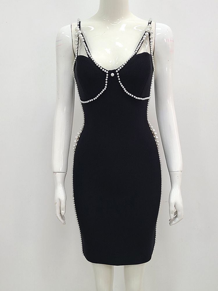 Sleeveless V Neck Pearl Black Mini Dress